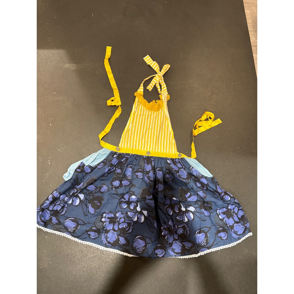 Sur La Table Floral Striped Cotton Apron Blue Yellow Pom Pom Trim 2 Pockets